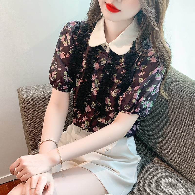 【tops】美人度アップスウィート折り襟花柄シャツトップス　M16883