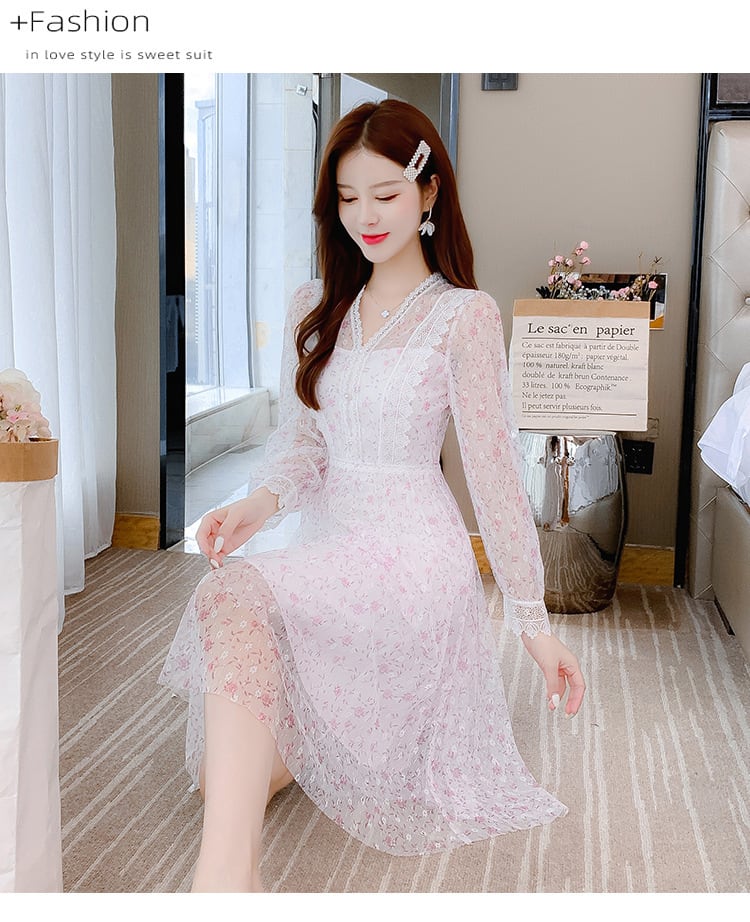 【dress】人気アイテム ! スウィートレース花柄ワンピース　M17265