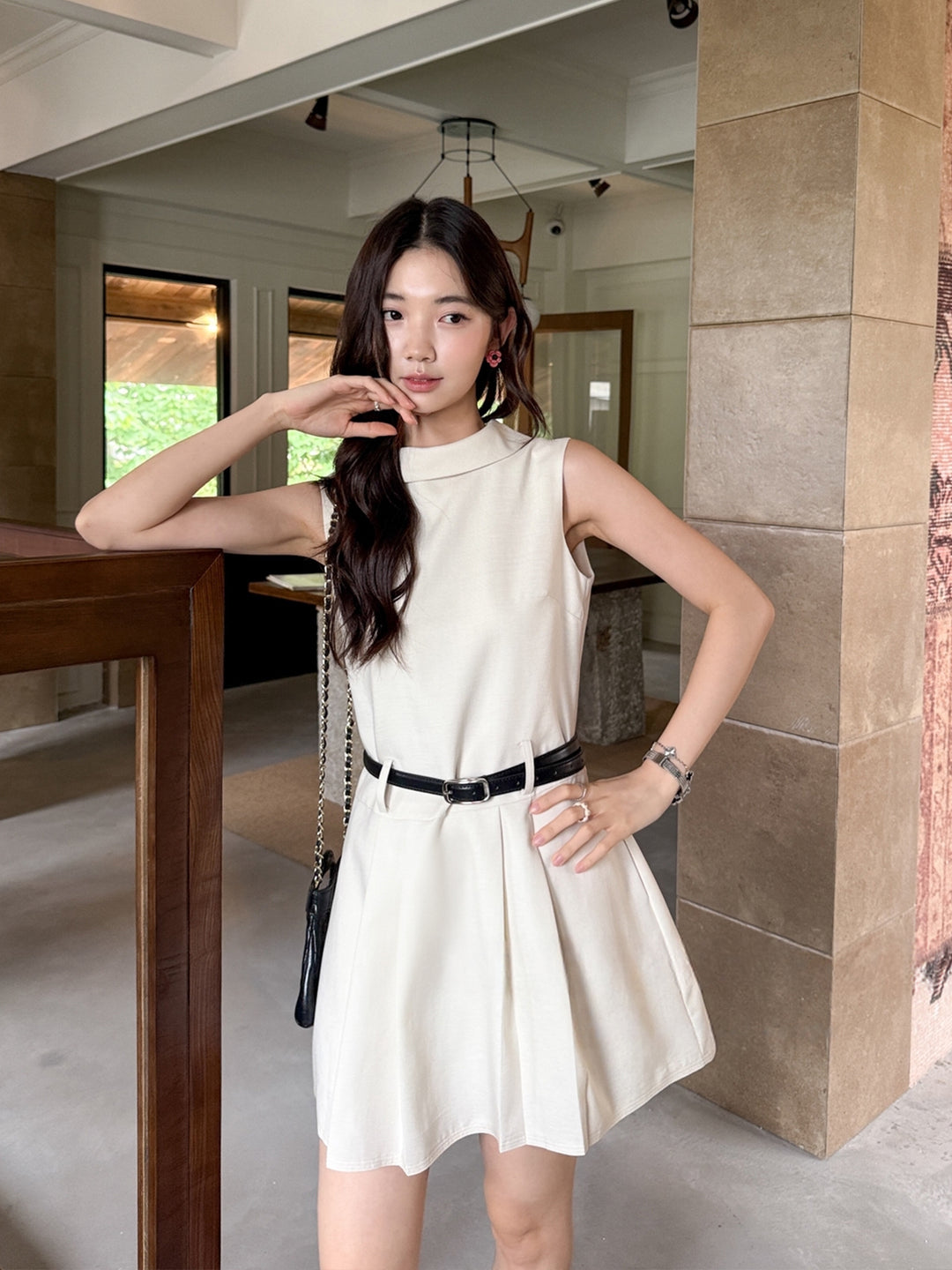 【dress】ベルト付きノースリーブミニワンピース Q8669