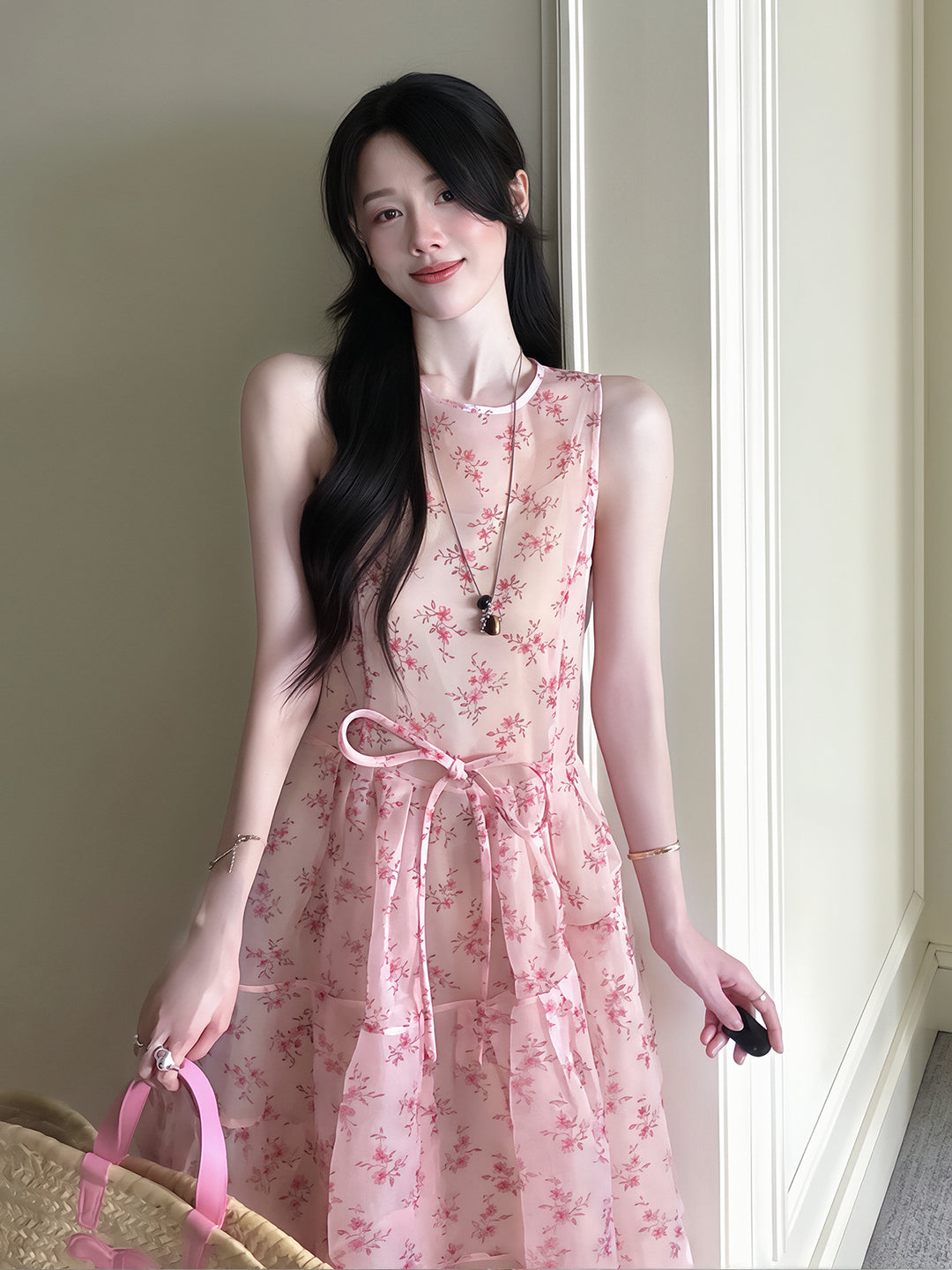 【dress】ノースリーブフラワー柄ワンピース Q8707