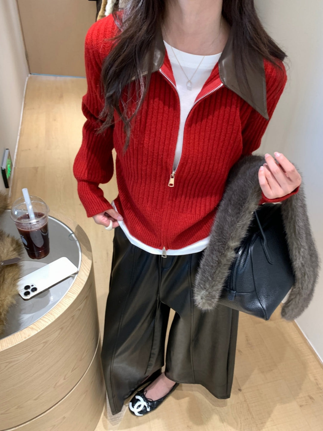 【outer】PUネックドッキングニットカーディガン Q9267