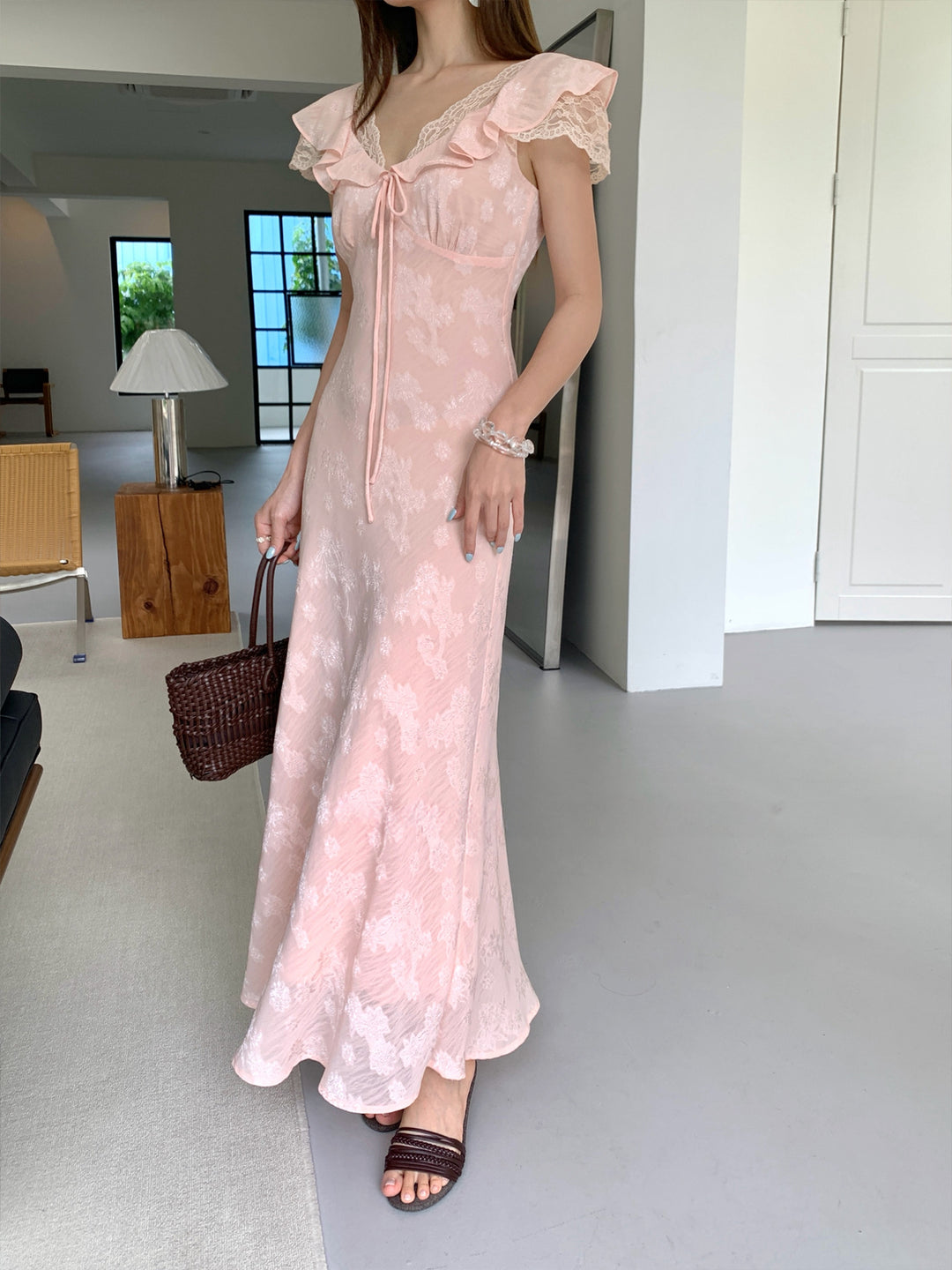 【dress】レースドッキングフラッタースリーブワンピース Q8658