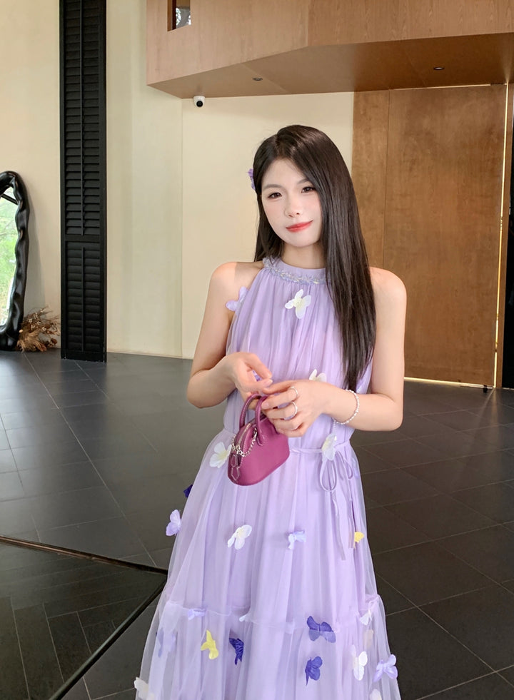 【dress】ノースリーブ立体感蝶ロングワンピース Q8662