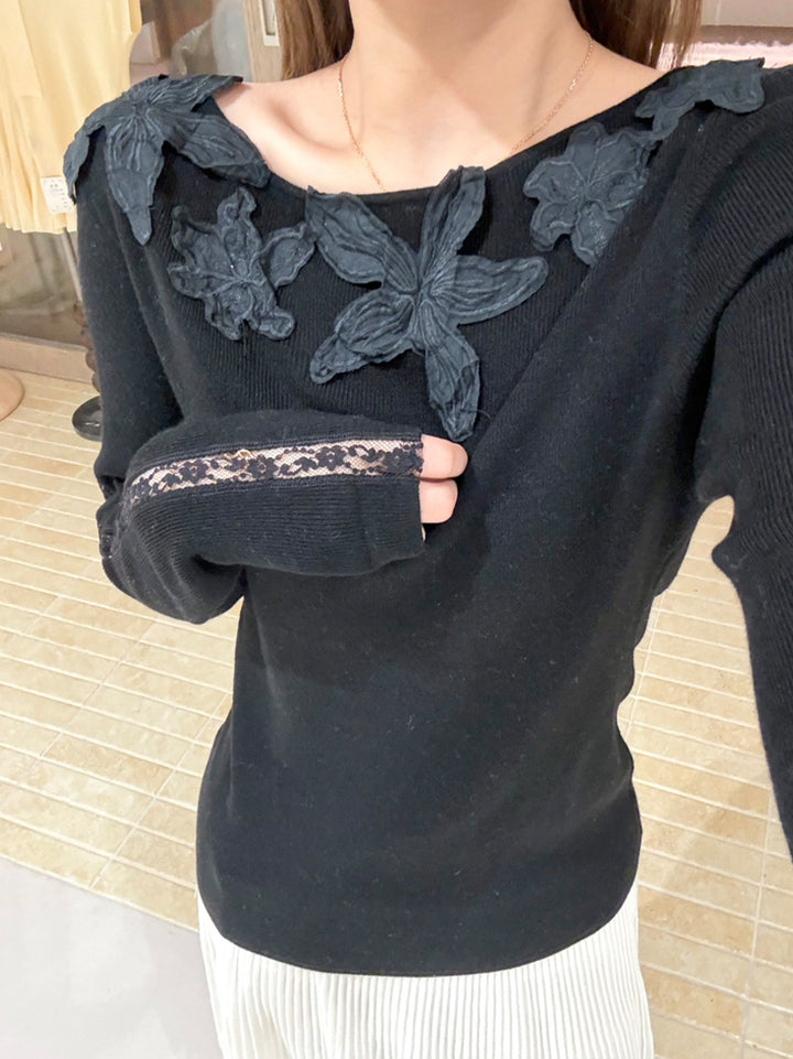 【tops】立体フラワー付きニットトップス Q9138