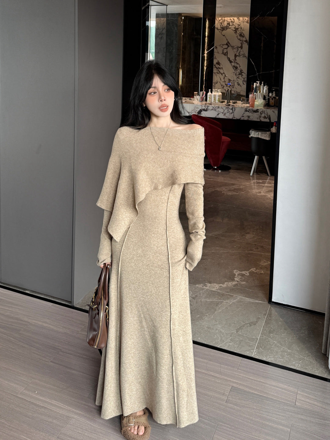 【dress】ケープ付きニットロングワンピース Q9179