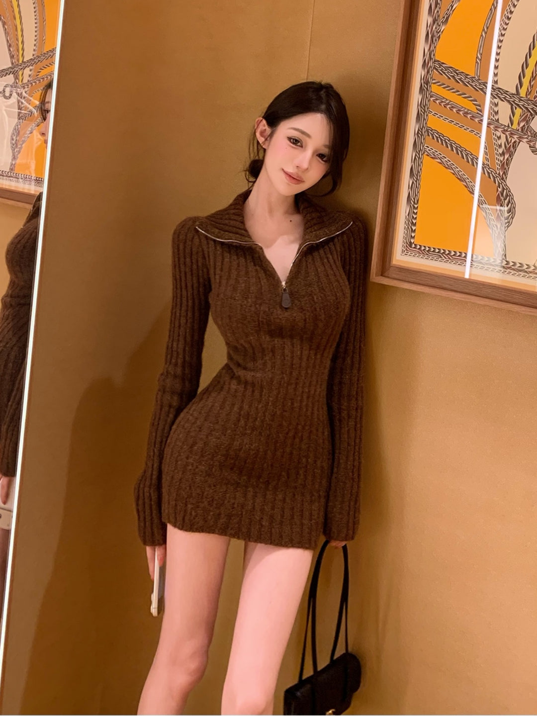 【dress】折り襟ニットミニワンピース Q9277