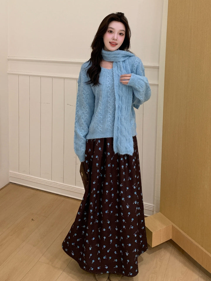 【tops】マフラー付きニットトップス Q9239