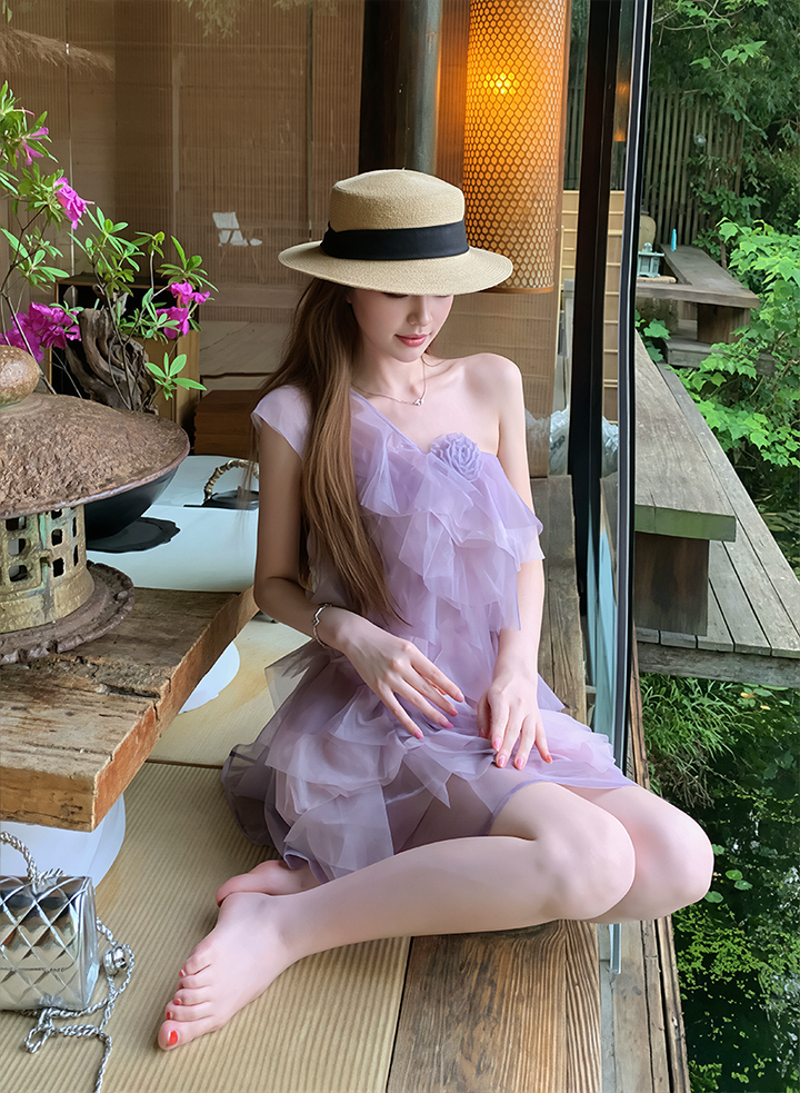 【dress】ワンショルダーチュールティアードワンピース Q8603