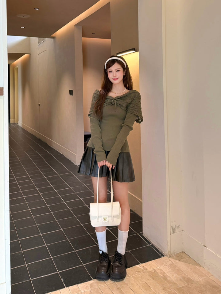 【tops】フェイクレイヤードニットトップス Q8937