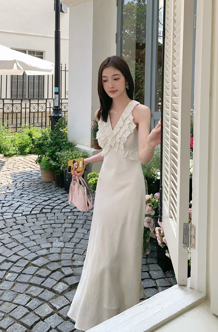【dress】ノースリーブVネックギャザーフリルワンピース Q8678