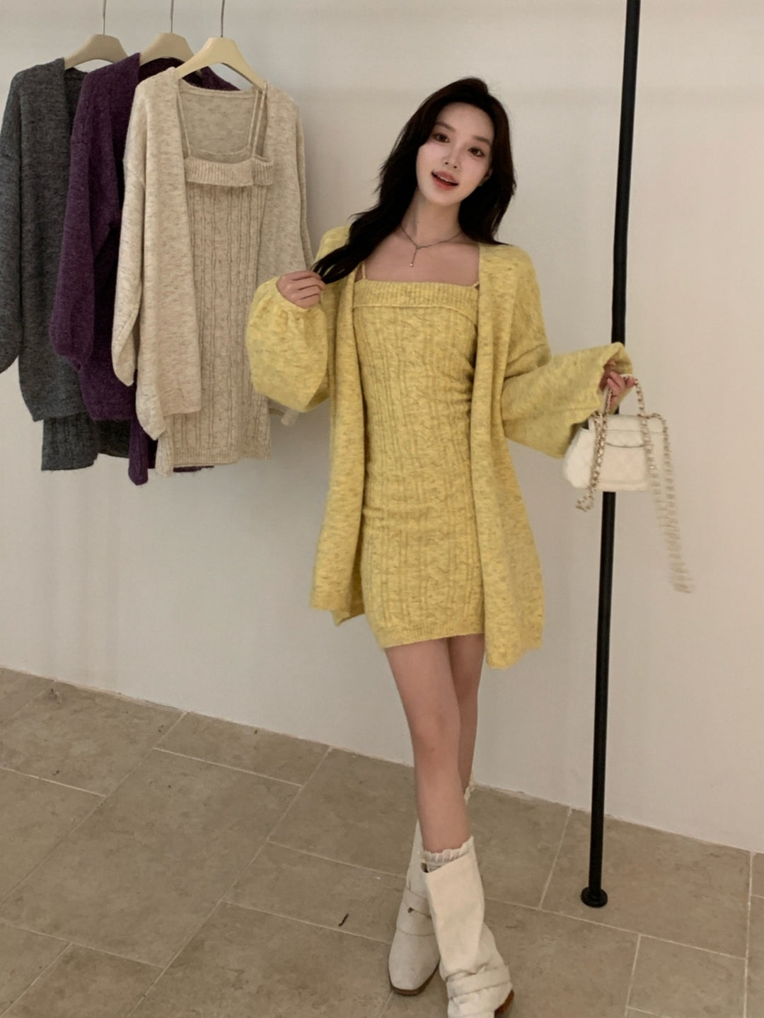 【set】ニットキャミワンピース×ニットカーディガンセット Q9257