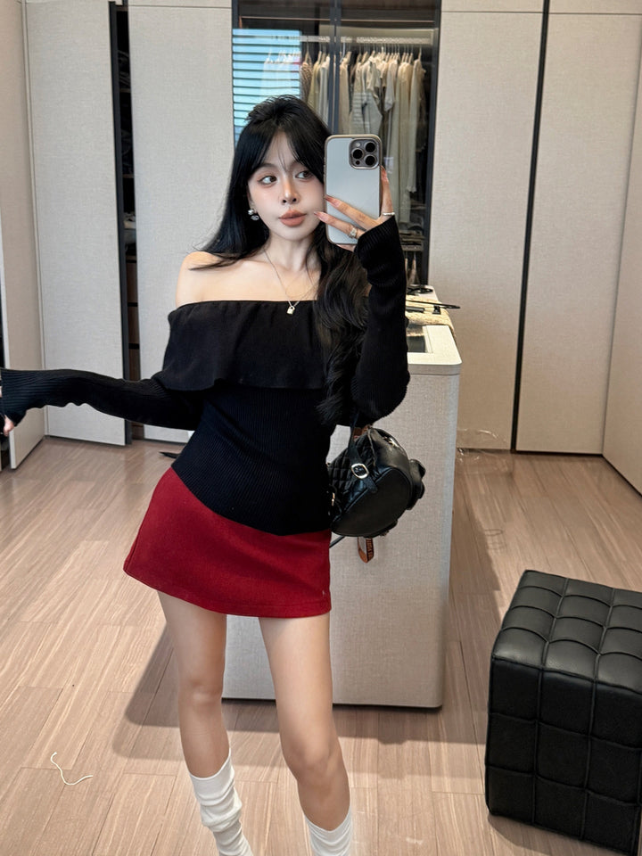 【tops】3色展開オフショルダーニットトップス Q9201