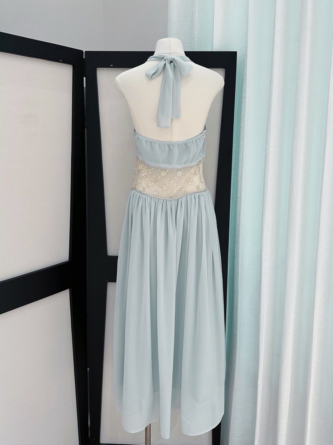 【dress】ホルターネックレースドッキングロングワンピース Q8660