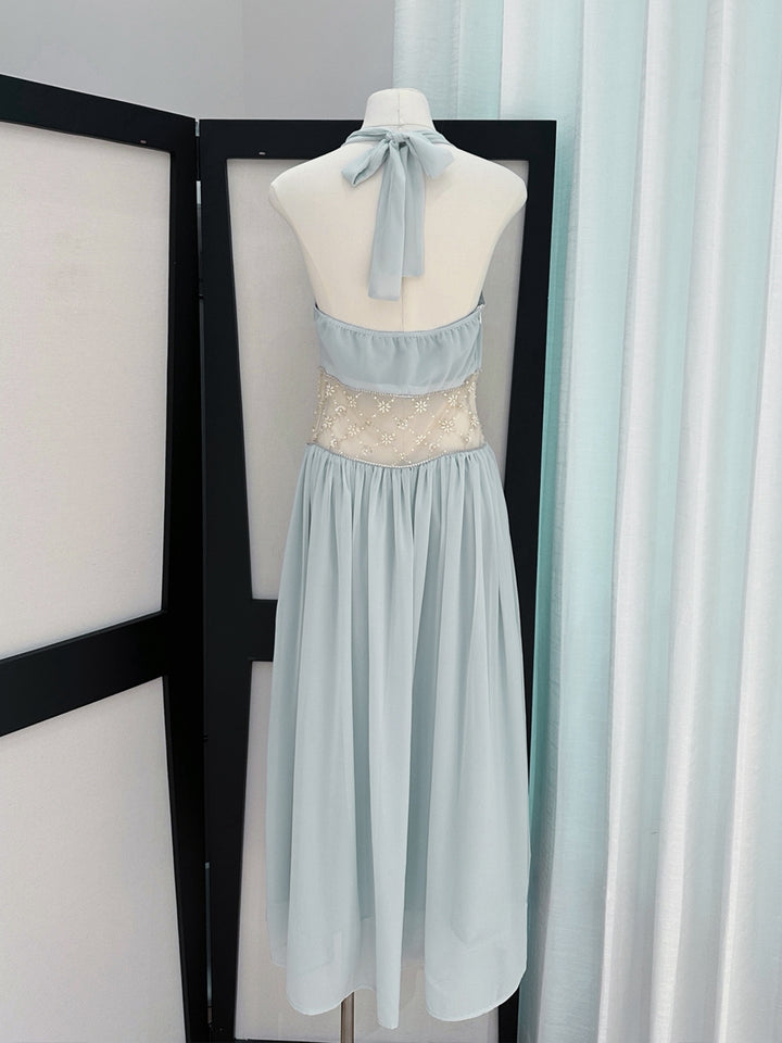 【dress】ホルターネックレースドッキングロングワンピース Q8660