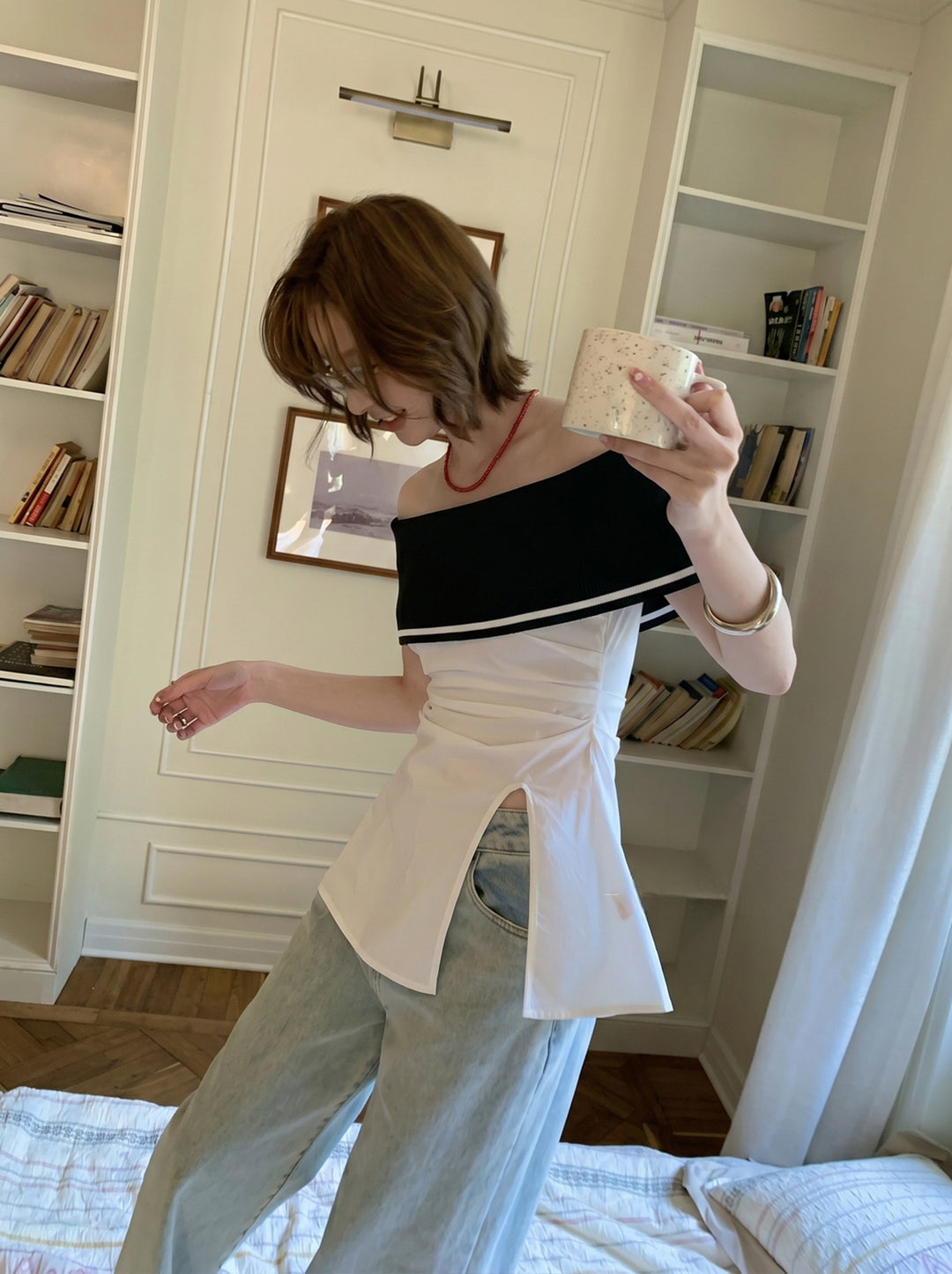 【tops】オフショルダーニットドッキングトップス Q8698