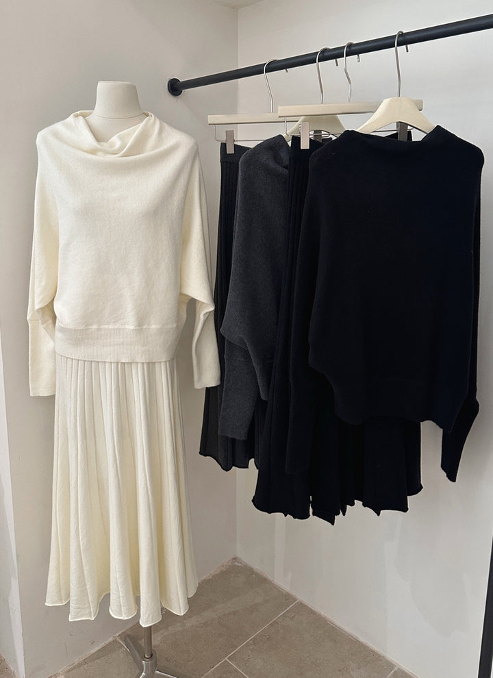 【set】ドレープドネックニットトップス×ロングプリーツスカートセット Q9240