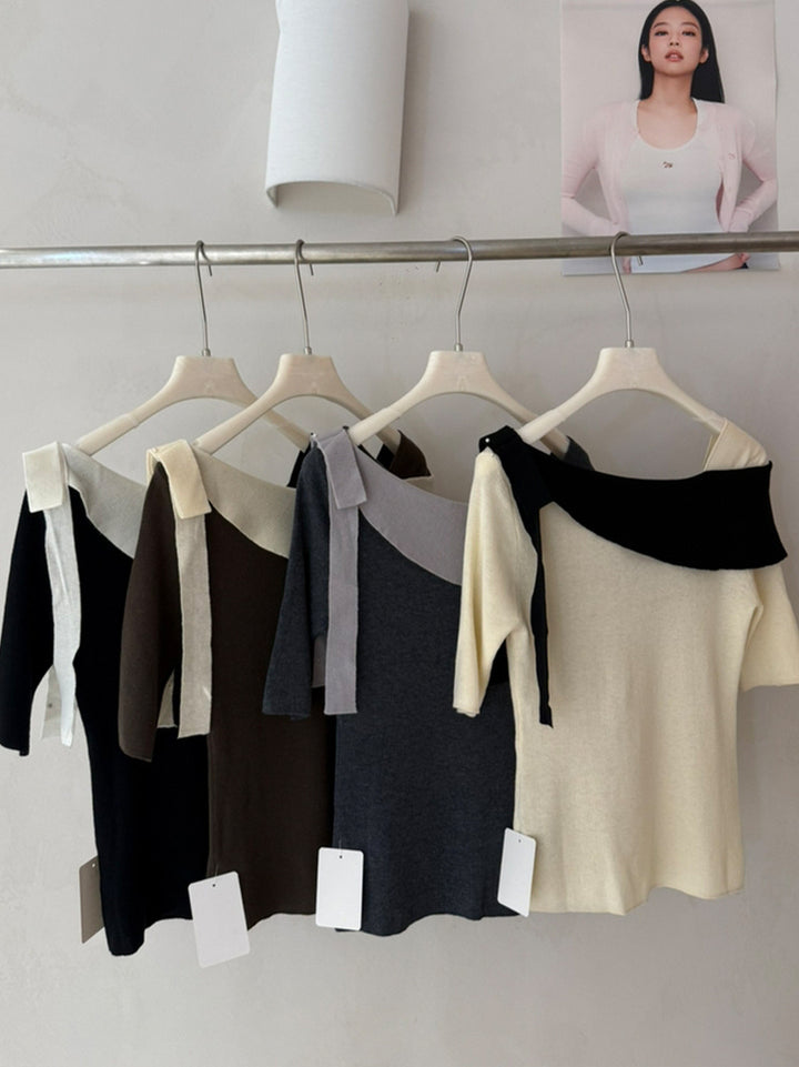 【tops】ラインストーン付きロールカラーニットトップス Q9076