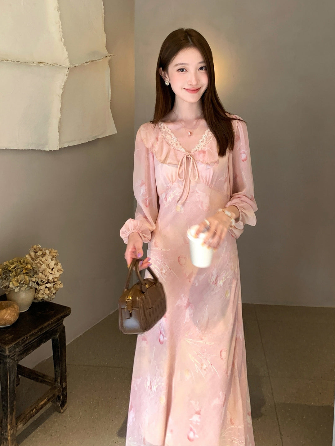 【dress】フラワー柄レースドッキングロングワンピース Q8998