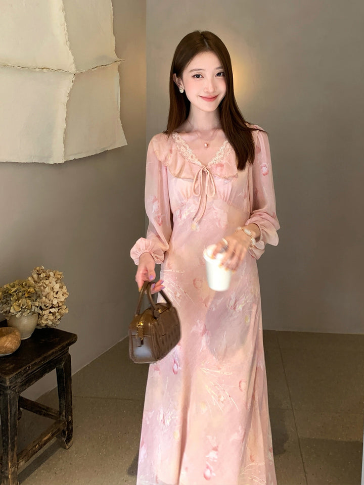 【dress】フラワー柄レースドッキングロングワンピース Q8998