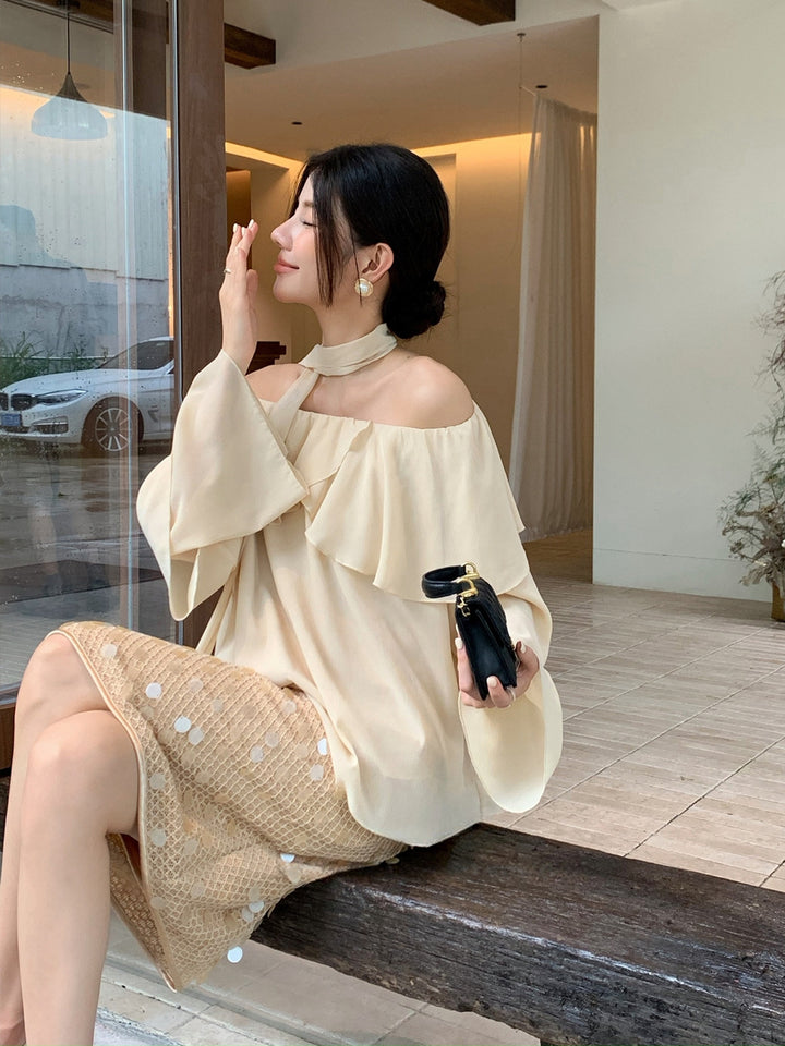 【tops】スカーフ付きフリルカラートップス Q8974