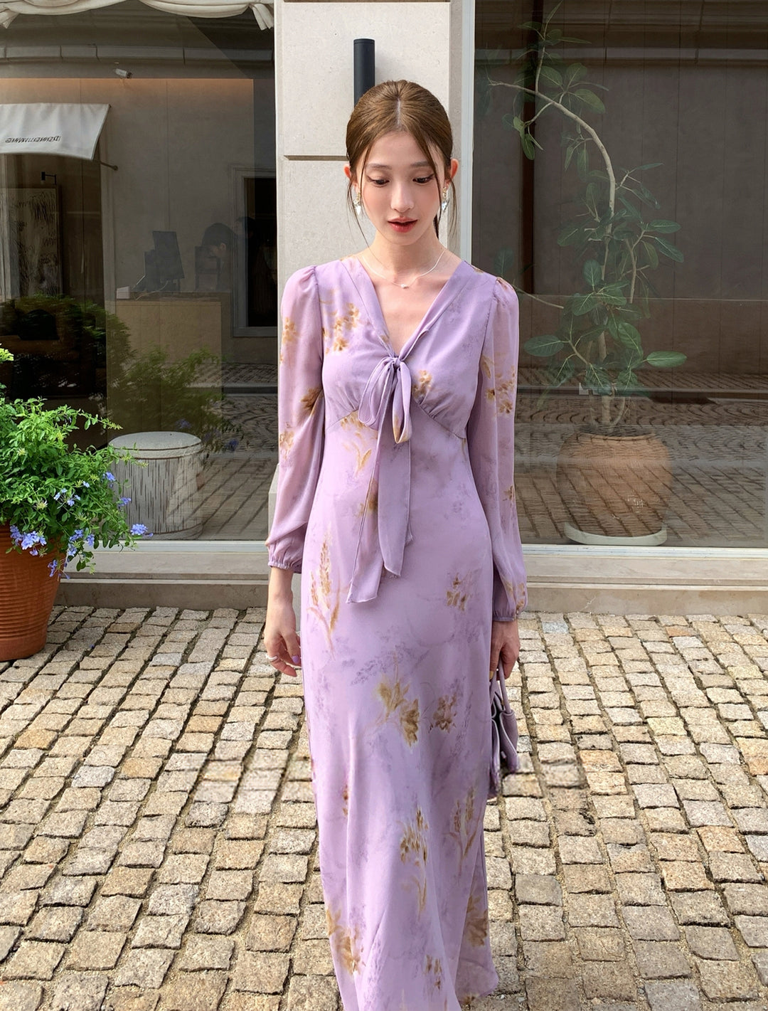 【dress】ボウタイフラワー柄ロングワンピース Q8919
