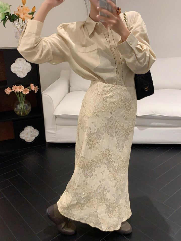 【set】シャツ×ロングレーススカートセット Q9047