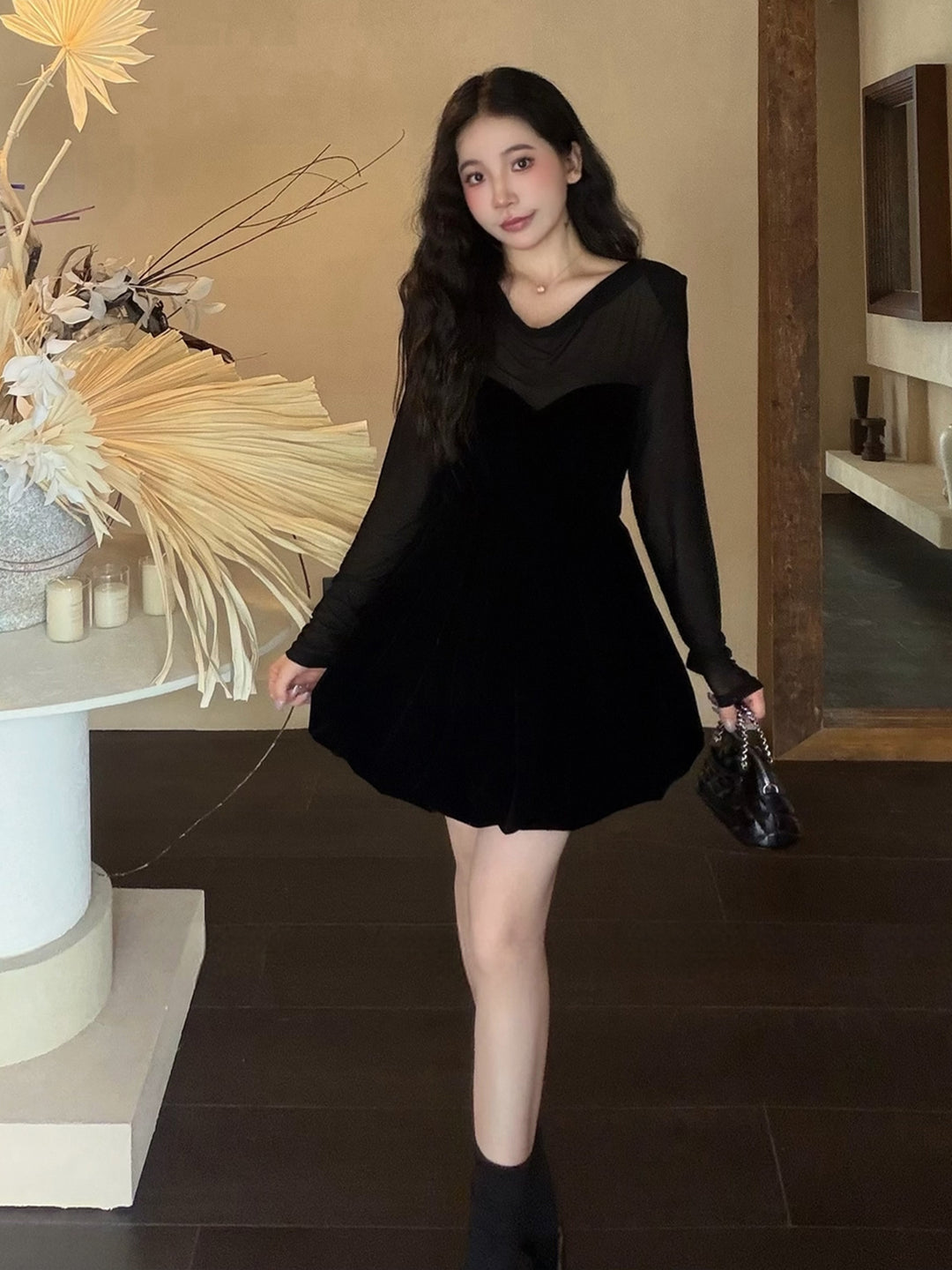 【dress】シアーチュールドッキングバルーンワンピース Q9090