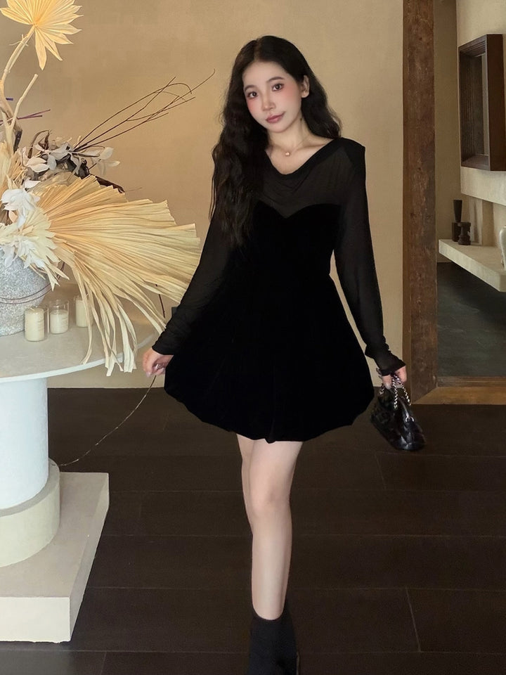 【dress】シアーチュールドッキングバルーンワンピース Q9090