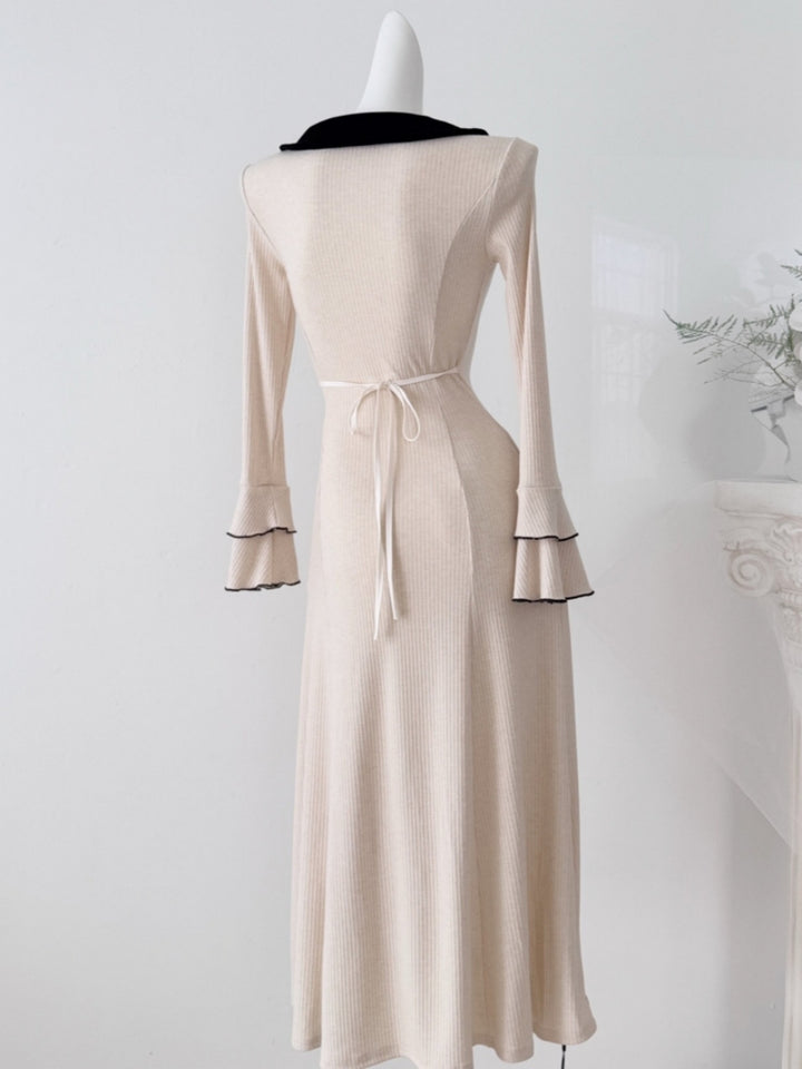 【dress】リボン付きニットロングワンピース Q9265