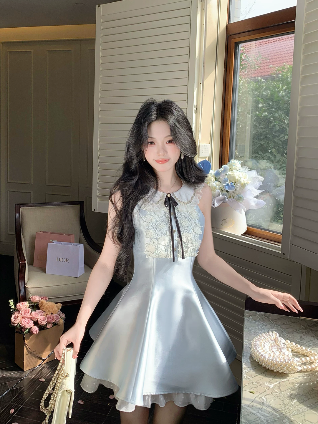 【dress】レースドッキングピーターパンカラーミニワンピース Q8549