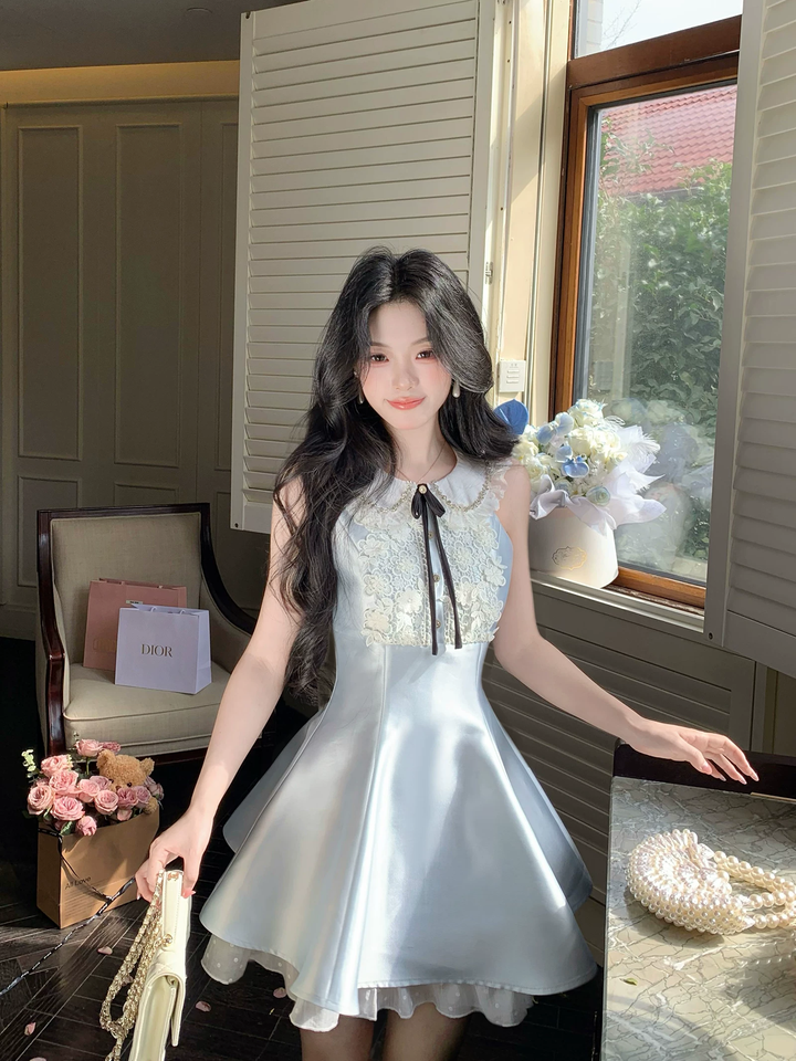 【dress】レースドッキングピーターパンカラーミニワンピース Q8549