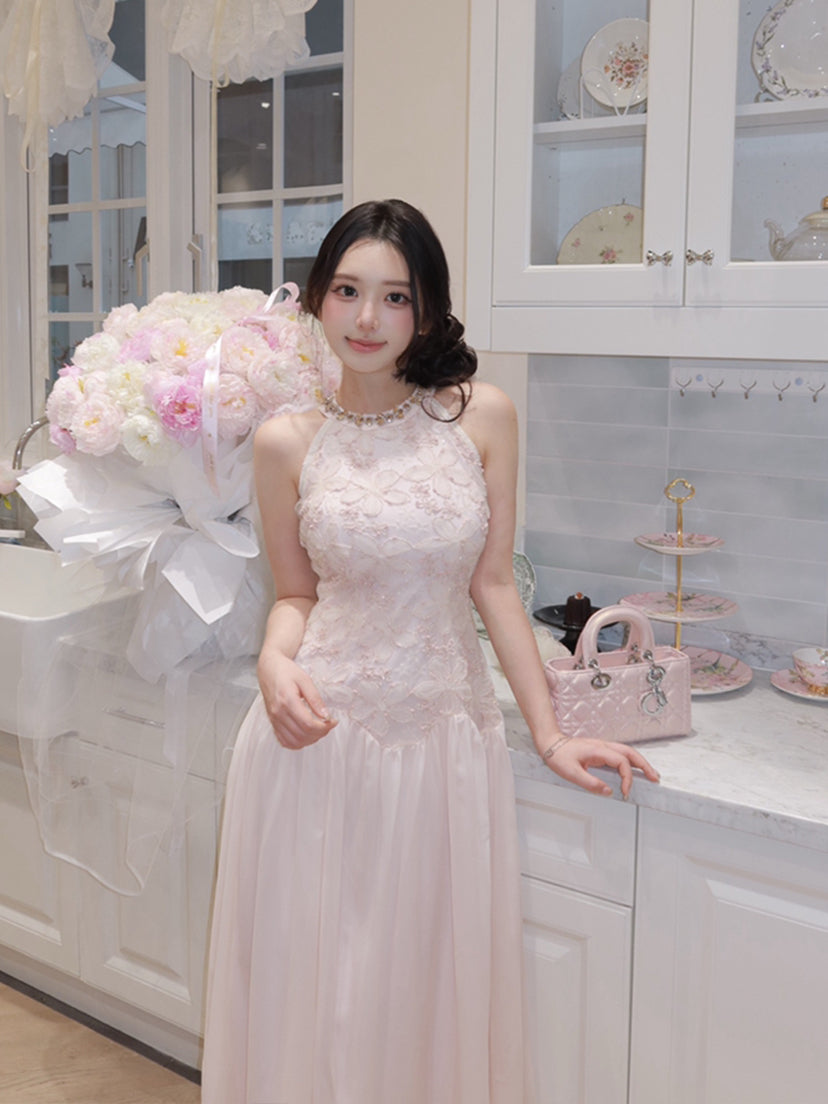 【dress】ノースリーブレースドッキングロングワンピース Q8685