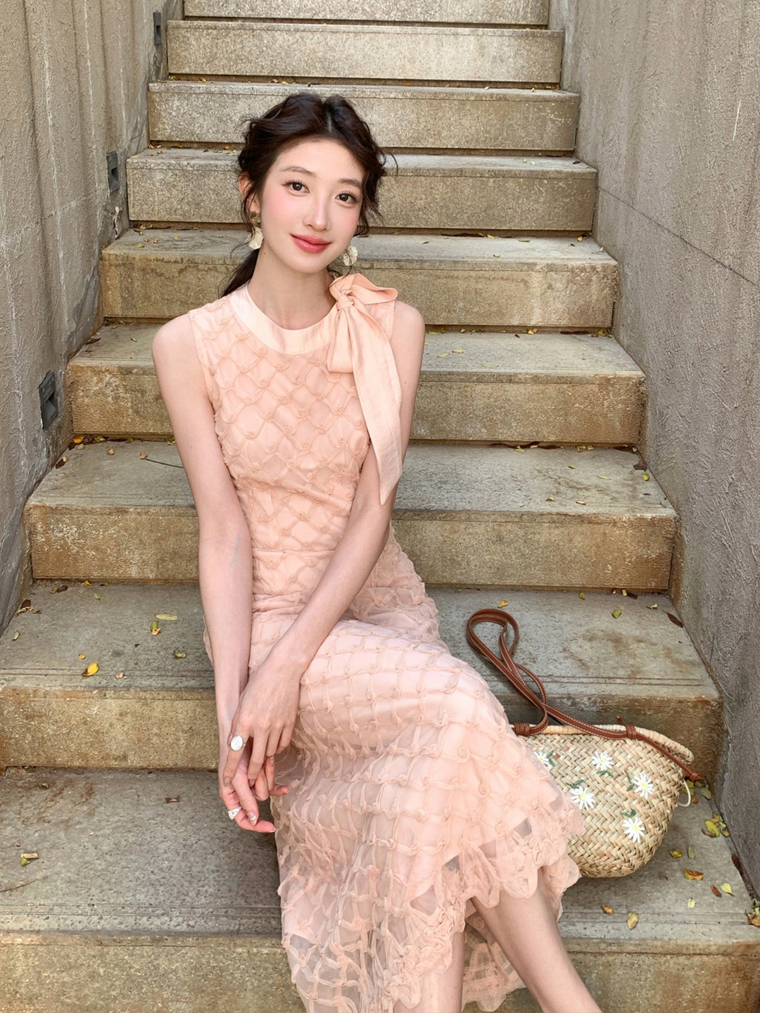 【dress】ノースリーブリボン付きロングワンピース Q8679