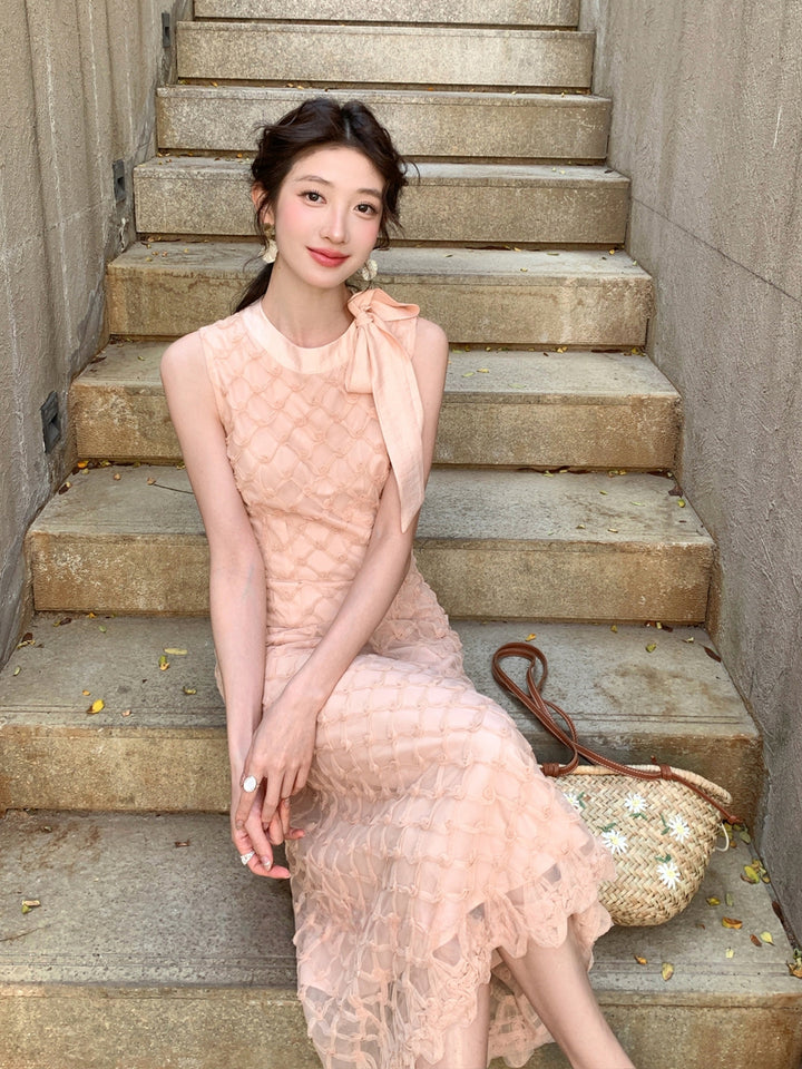 【dress】ノースリーブリボン付きロングワンピース Q8679