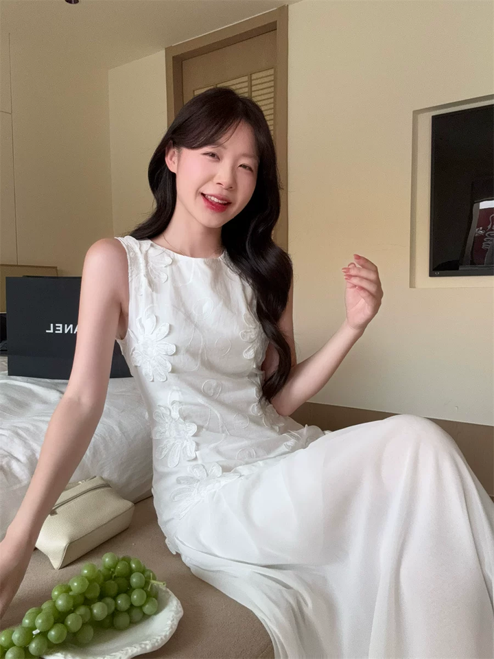 【dress】ノースリーブ刺繍フラワーロングワンピース Q8541