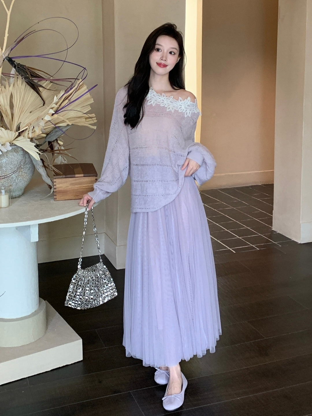 【tops】レースドッキングニットトップス Q8973
