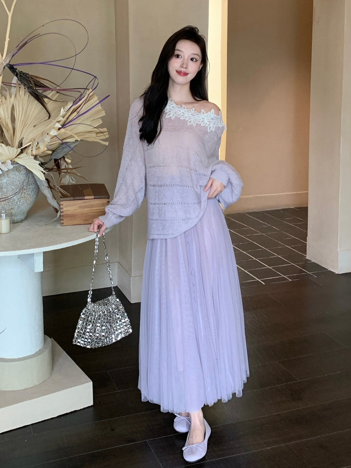 【tops】レースドッキングニットトップス Q8973