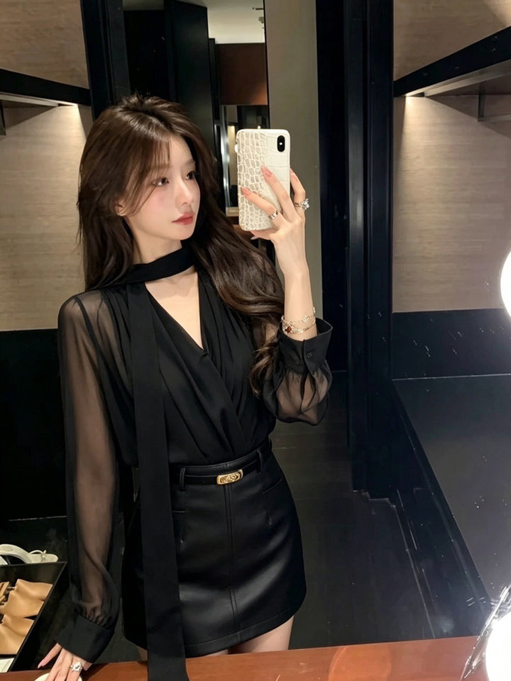 【set】スカーフネックチュールトップス×PUスカートセット Q9117