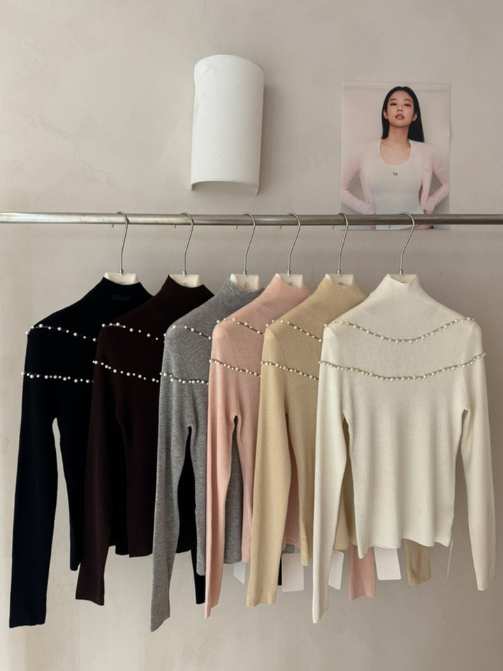 【tops】パール付きハイネックニットトップス Q9133