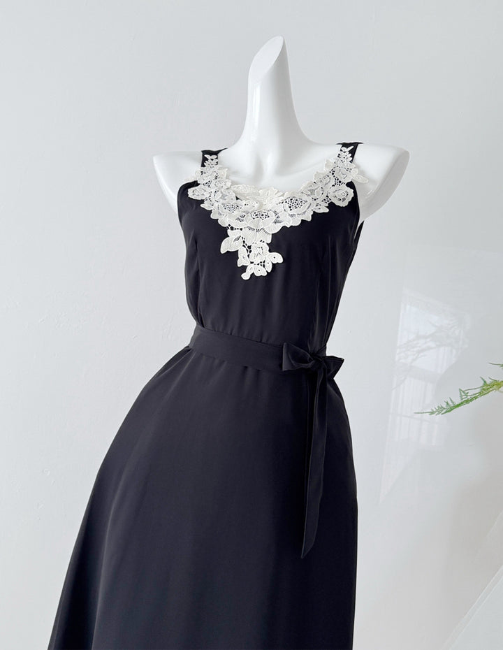 【dress】スカーフ付きレースドッキングロングワンピース Q8691
