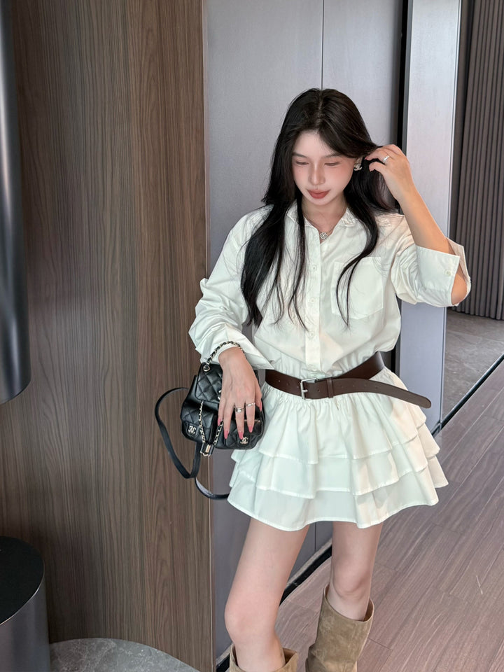【dress】ベルト付きティアードシャツワンピース Q9045