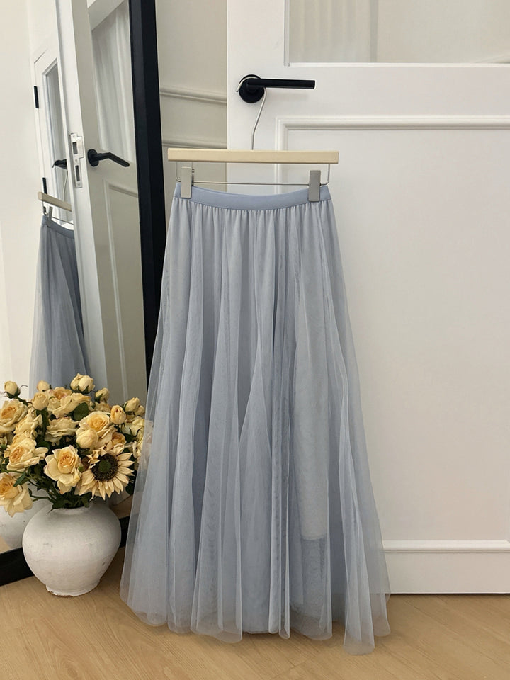 【set】立体感フラワー付きニットトップス×ロングチュールスカートセット Q8972
