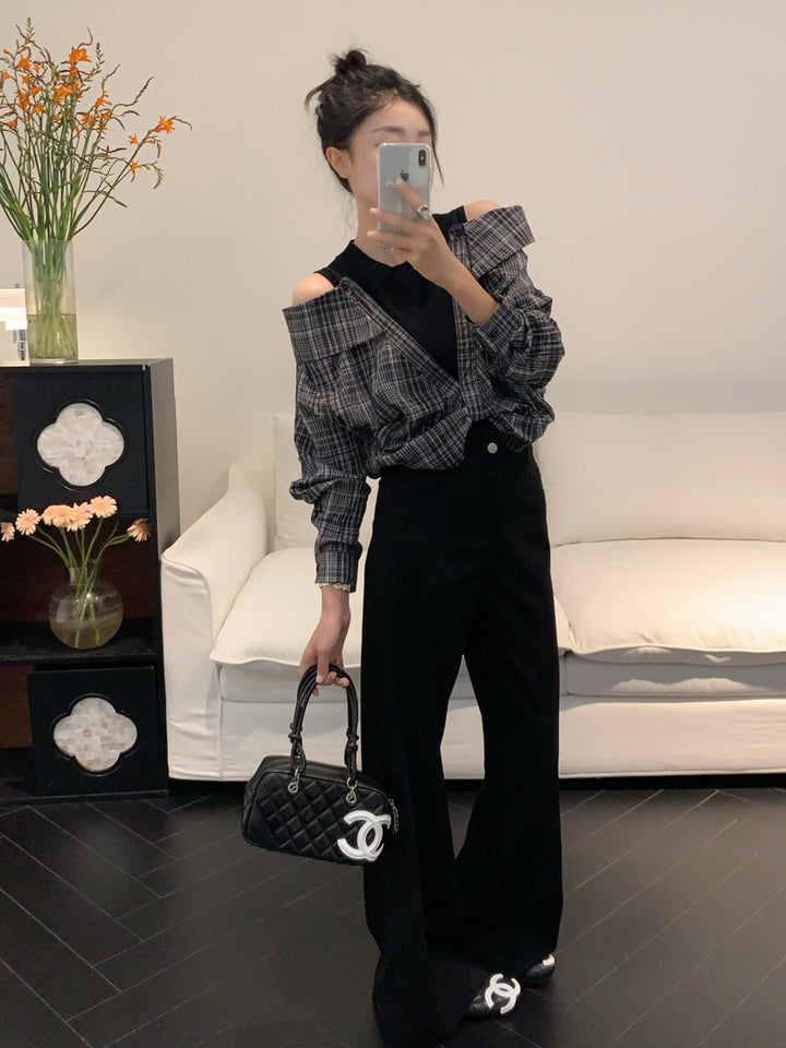 【tops】フェイクレイヤードチェック柄トップス Q9089