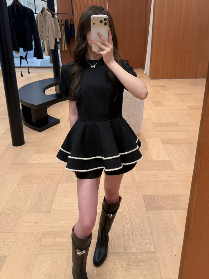 【dress】半袖ミニティアードワンピース Q9032