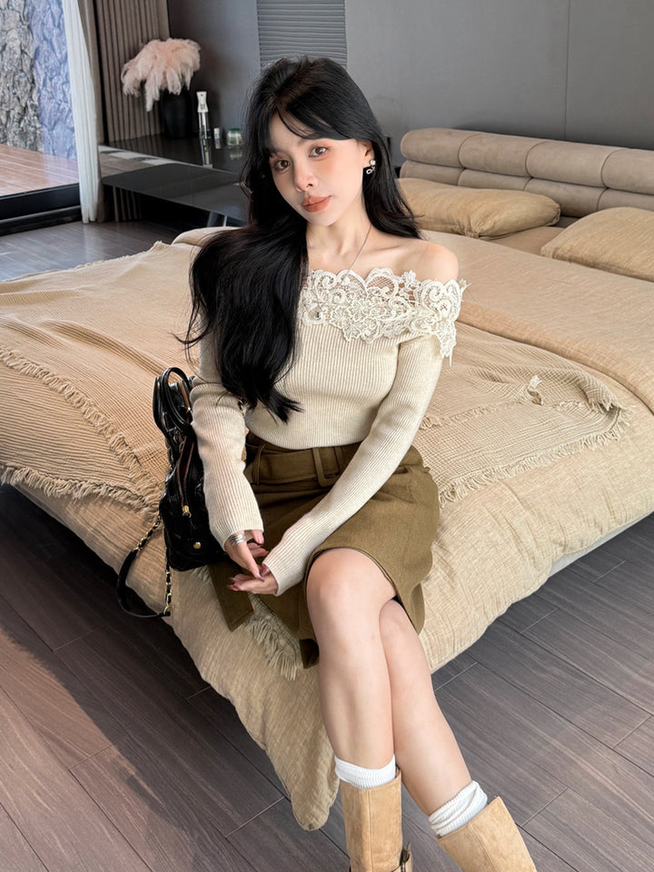 【tops】レースドッキングオフショルダーニットトップス Q9199