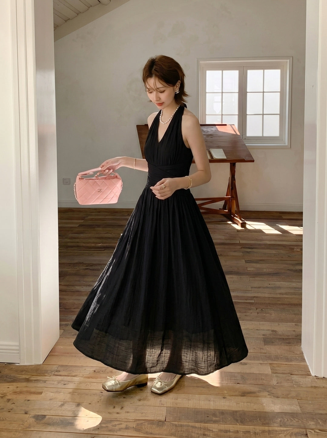 【dress】ノースリーブAラインロングワンピース Q8673