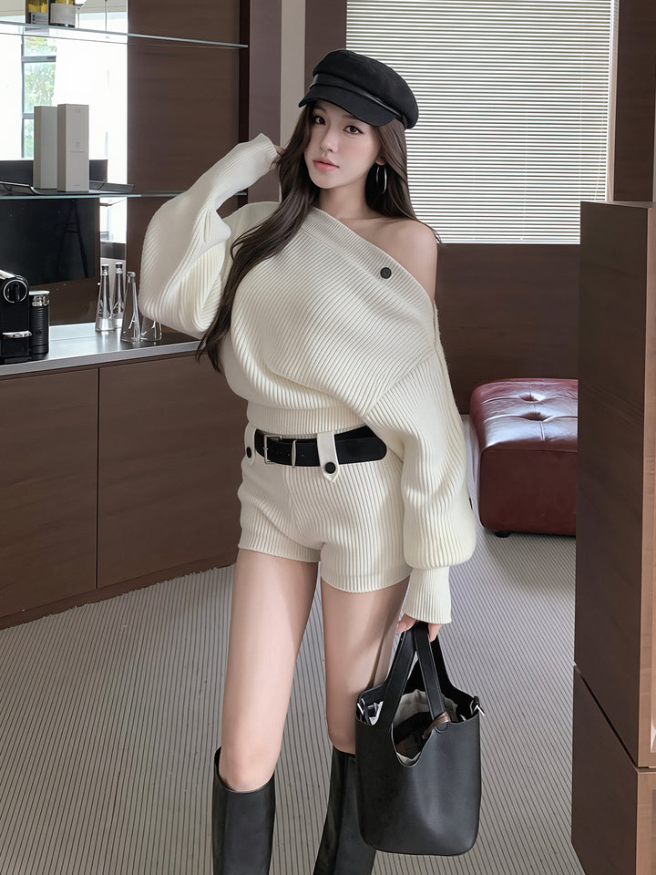 【set】ワンショルダーニットトップス×ベルト付きショートパンツセット Q9339