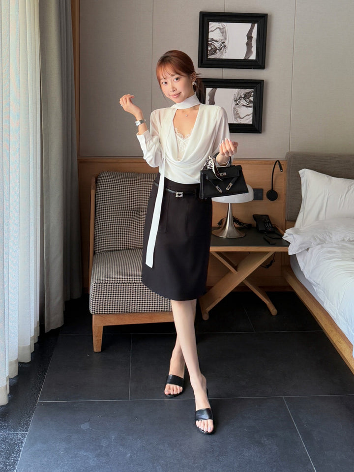 【tops】ドレープドネックレースドッキングトップス Q9005