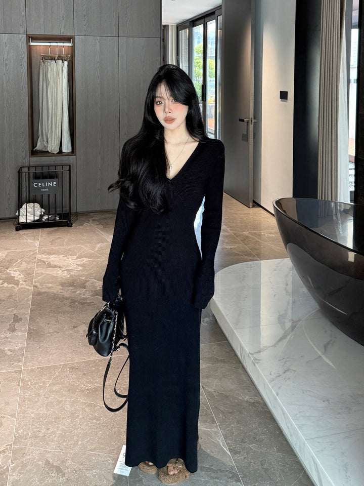 【dress】Vネックロングニットワンピース Q9187