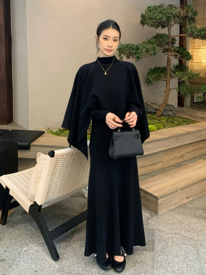 【set】ニットケープトップス×ロングニットワンピースセット Q9261